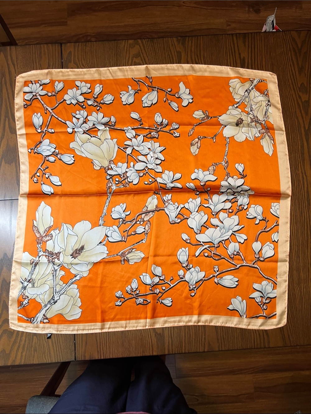 Bright Orange Magnolia Floral Silk like Scarf large 26x26